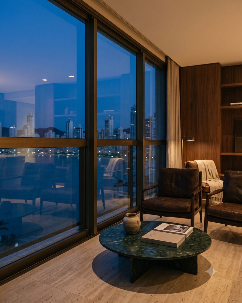 Apartamento com vista para o skyline e a orla de Balneário Camboriú ao anoitecer