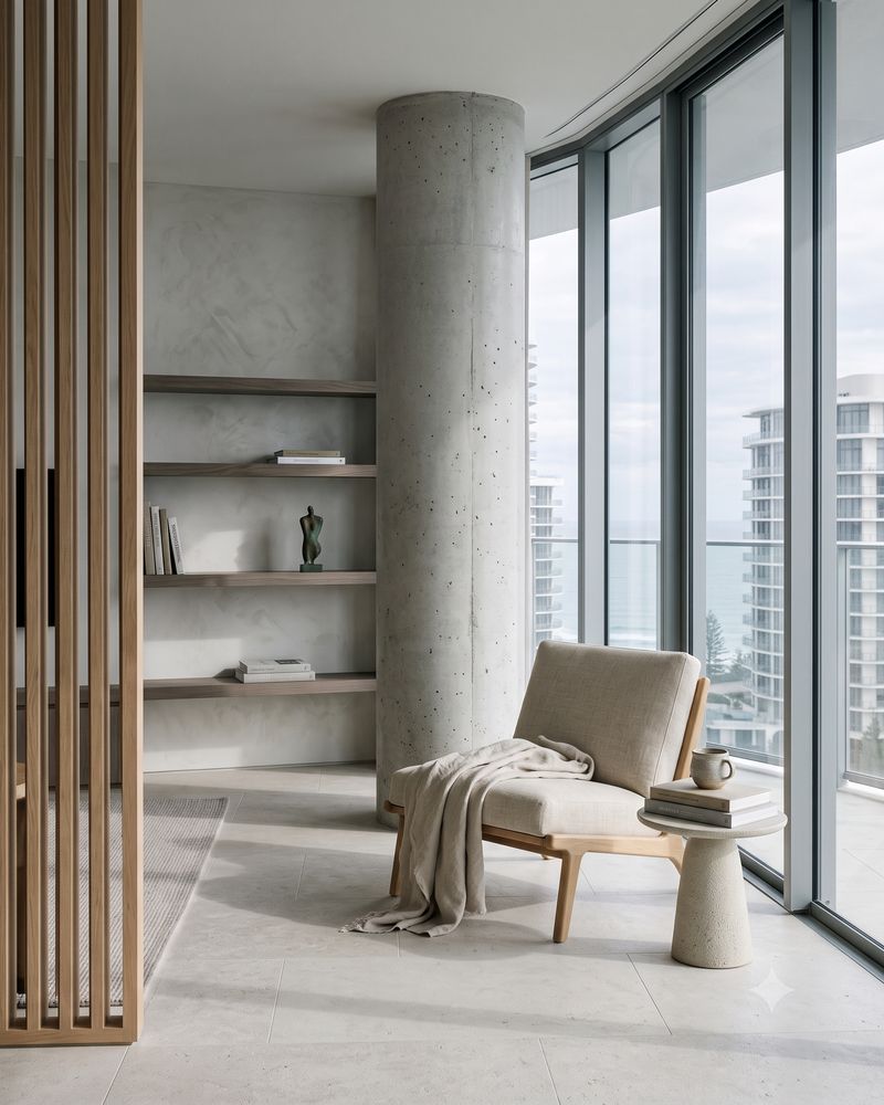 Apartamento em Itapema com pilar de concreto aparente e vista para o mar